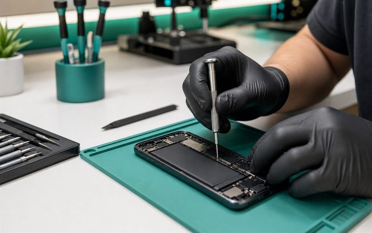 Técnico realizando cambio de batería iPhone en mesa de reparación